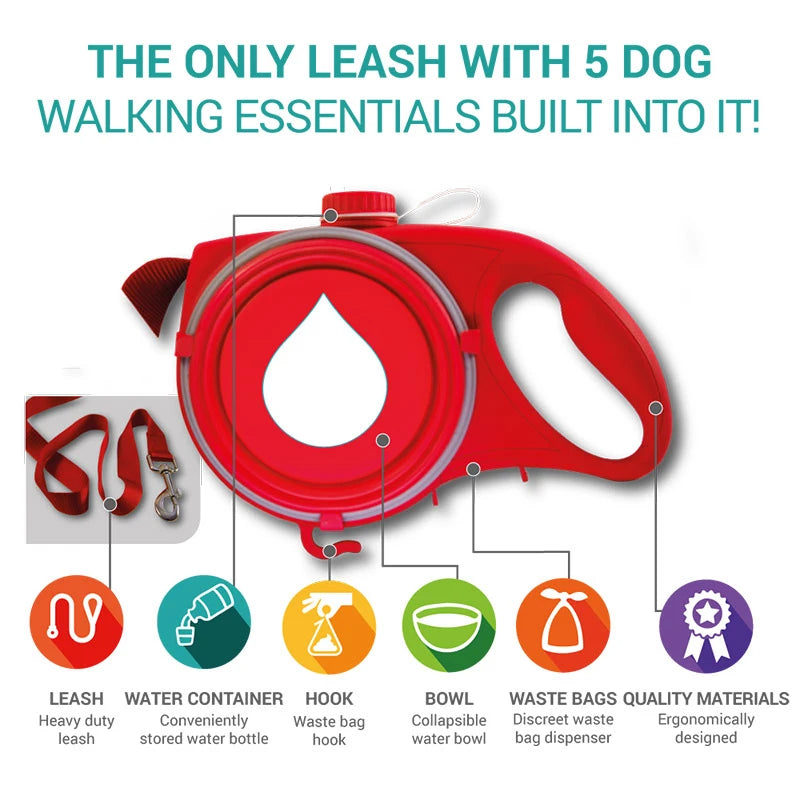 Multifunction Small Pet Dog Leash Rope for Big Dog Collar with Built-In Water Bottle Bowl Waste Bag Dispenser Dog Accessories